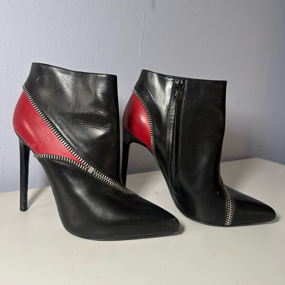 SAINT LAURENT Black And Red Zipper Seam Heel Ankle Booties